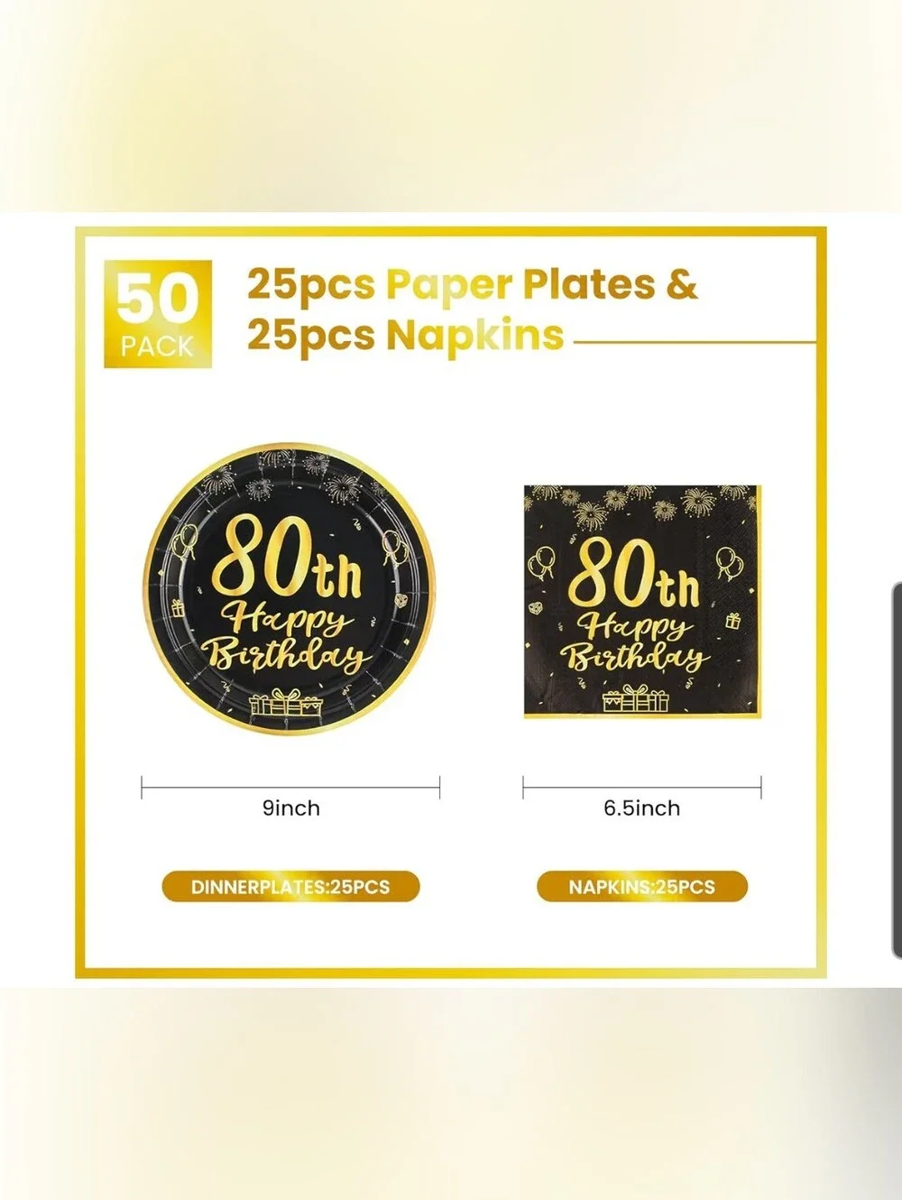 80th Happy Birthday Disposable Party Plates & Napkins - Black and Gold